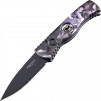 Автоматический складной нож Pro-Tech TR-2.4H1. Bruce Show Skull, клинок черный, сталь 154CM, рукоять алюминий, рисунок скелеты всадников купить в Старом Осколе